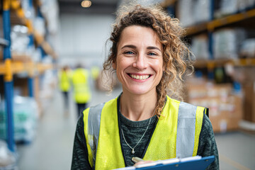A smiling woman in a warehouse, wearing a safety vest and holding a clipboard, showcases a positive work environment.