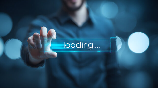 Ultra HD Mans hand interacting with a glowing digital loading progress bar, symbolizing data processing, system update, or internet connection status image - Powered by Adobe