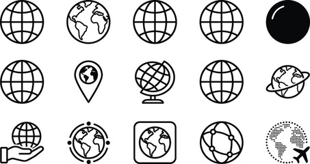 Global earth globe icon set showing world map location travel network geography symbols modern outline vector illustration © Creative Soul