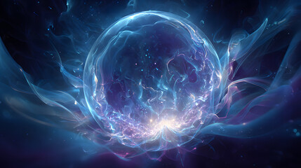 Ultra HD Vibrant blue and purple energy sphere surrounded by flowing light particles and cosmic dust, abstract nebula or quantum phenomenon image