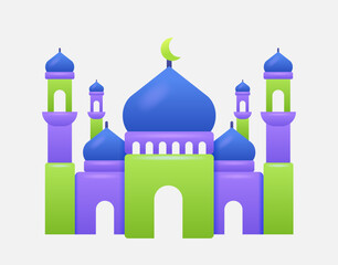 Vibrant 3D Muslim mosque icon. Traditional Islamic holy building vector sign