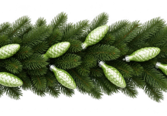 Festive green pinecone ornaments on a natural christmas garland