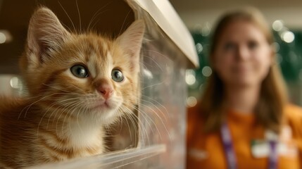 Shelter volunteer with cat in carrier on neutral bench