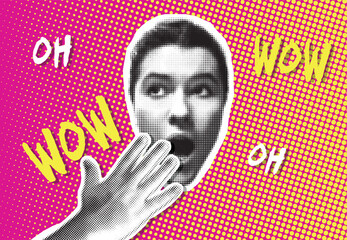 Halftone cut out vector of surprised woman with wide eyes and hands on face with woops in retro pop art style