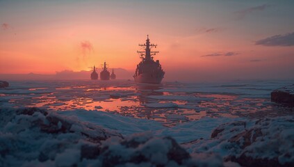 Naval Fleet in Arctic Waters at Sunrise 