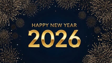 Happy New Year 2026 gold text with fireworks on dark blue background