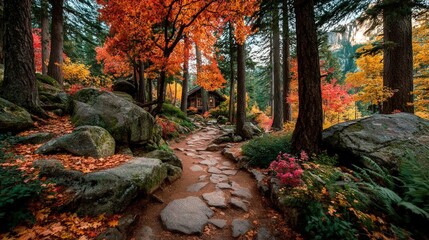 Autumnal path through a vibrant forest with a rustic cabin