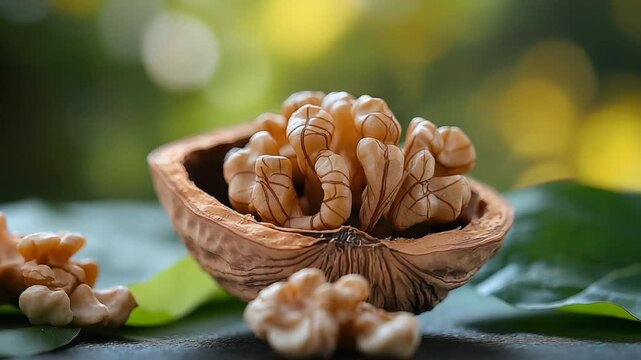 Close-up of walnut in shell with blurred green background