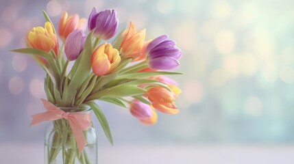 tulip drink bouquet with ribbon tie in glass vase pastel bokeh