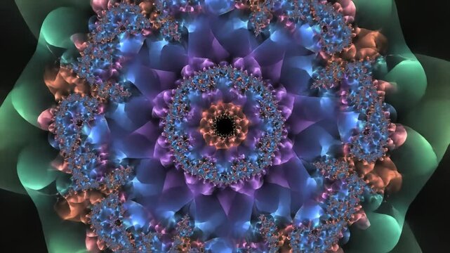 A mesmerizing abstract fractal pattern showcases swirling blues, purples, and greens with intricate geometric details and a hypnotic, psychedelic visual effect.