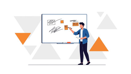 Man presenting ideas on whiteboard, learning, planning, brainstorming, strategy, meeting