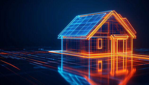 Neon house outlines glow with blue and orange light. A connected orange line suggests power flow. This depicts modern eco-friendly energy solutions