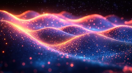 Abstract digital landscape of glowing particles forming wavy ridges