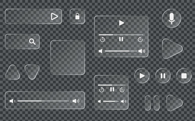 Vector transparent glass design elements. 3D square and round buttons in the liquid glass style. Modern web user interface element for ui ux design.