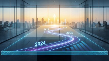 Futuristic office digital growth chart data driven analytics business strategy cityscape sunrise glass table upward trend innovation success planning motivation