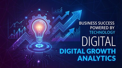 Digital growth analytics technology business success data and innovation concept with glowing light bulb arrows and charts on dark background symbolizing progress and futuristic ideas