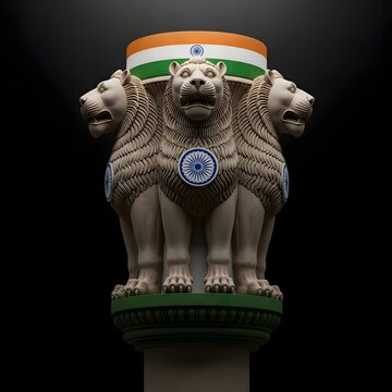 The state emblem of india, the lion capital of ashoka from sarnath, featuring four asiatic lions standing back to back on a circular abacus, symbolizing power, courage, confidence, and pride, with the