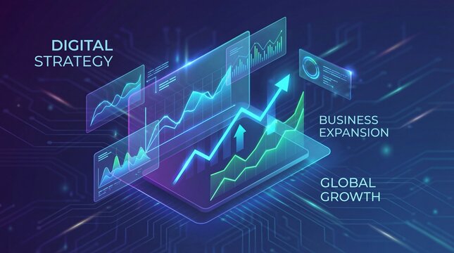 Digital strategy business expansion global growth data analytics futuristic interface technology financial chart upward trend glowing lines virtual screen innovation success - Powered by Adobe
