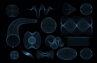 Collection of strange wireframes vector 3d geometric shapes, distortion and transformation of figure
