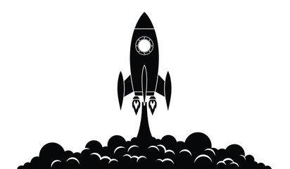 A striking black silhouette of a rocket ship taking off with fiery exhaust against a clean minimalist white background creating a dynamic image © Thysl2000