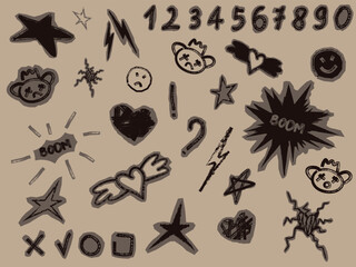 Childish crayon drawn scrapbook retro stickers. Scribble and doodle paper stickers for hand drawn notes, collages and social media design. Rippled paper icons, rainbows, clouds, stars, and crowns.