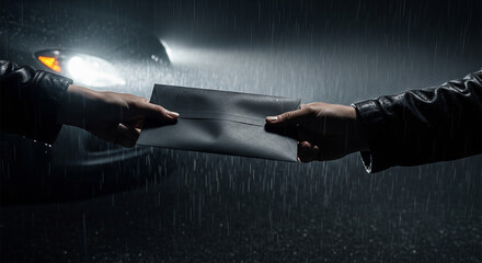 Hands passing sealed black envelope in rainy car headlight glow