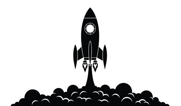 A striking black silhouette of a rocket ship taking off with fiery exhaust against a clean minimalist white background creating a dynamic image