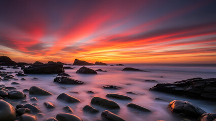 A stunning view of sunset over the ocean, with the sky ablaze in vibrant colors, as the water gently laps at the rocks
