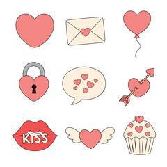 Set of cute pink love and valentines day icons heart, envelope, balloon, lock, speech bubble, arrow, lips, wings, cupcake