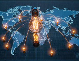 Light bulb on world map with connected lines showing global energy distribution and technology usage