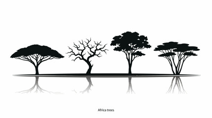 African Tree Silhouette Vector Set with Reflections Featuring Distinct Canopy Styles for Landscape Design, Cultural Branding, and Environmental Education Projects