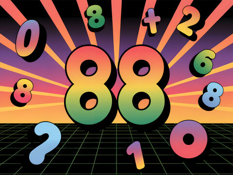 Retro 88 Numbers Floating with Neon Grid and Sunburst Background - Powered by Adobe
