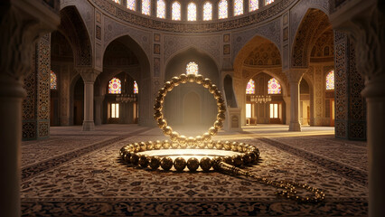 An elegant, ornate mosque interior, focusing on an exquisitely crafted decorative circle in the foreground
