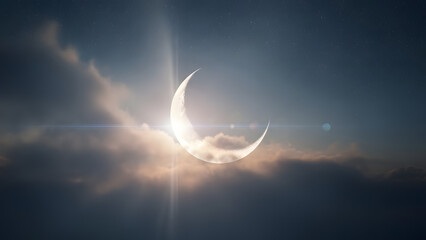 A mesmerizing view of the crescent moon casting a magical glow in the night sky. The soft light of the moon gracefully illuminates the clouds, creating a scene of serene beauty