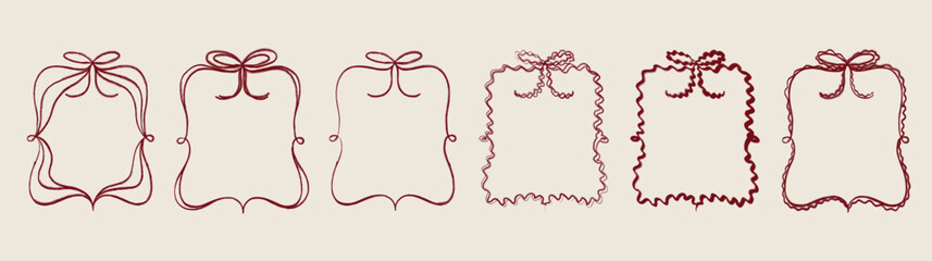Set of Red hand drawn doodle coquette whimsical bow ribbon frames and borders.