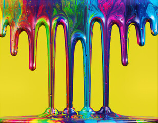 Colorful liquid paint clouds mix and flow on a bright yellow surface in a fun art scene