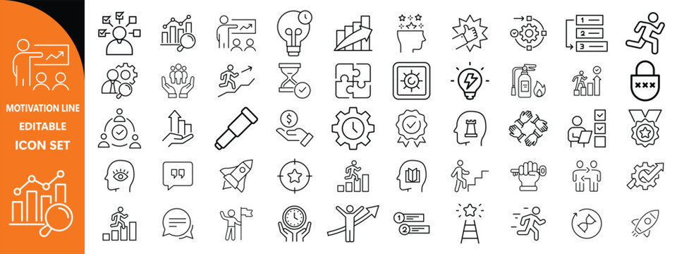 Motivation line editable icon set. Containing personal growth, goal setting, perseverance, achievement, teamwork, passion, thumbs up, and more. Vector illustration. 