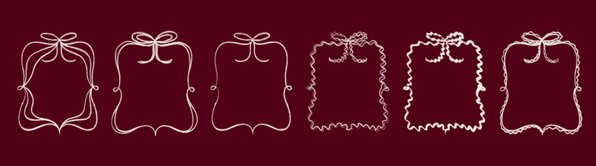 Set of Red hand drawn doodle coquette whimsical bow ribbon frames and borders.