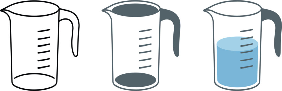 Measuring cup vector icon set with empty, solid, and water-filled designs for kitchen cooking and baking measurement concept