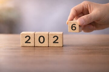 Hand Placing Wooden Block to Complete the Year 2026 on a Wooden Surface for Future Planning and New Year Concept