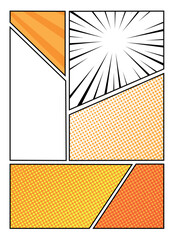 Cartoon comic background compositions set. Comics book black and white poster with halftone elements lines. Retro Pop Art style. Vector illustration