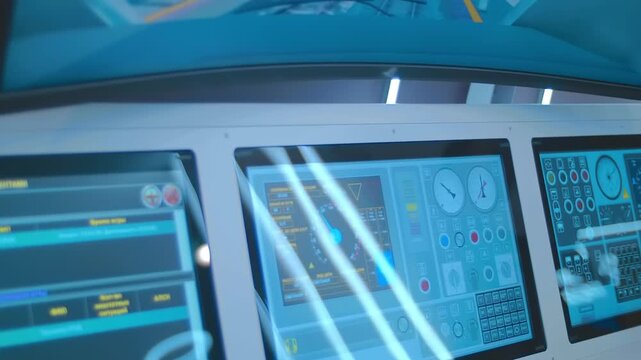 A train driver apprentice learns to master the profession flawlessly using a modern electronic simulator with multiple displays and levers