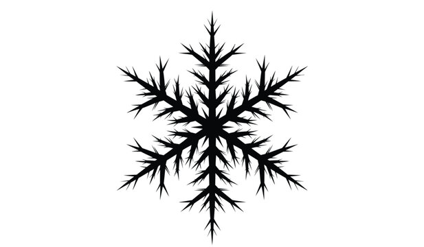 a detailed black silhouette of a snowflake with intricate branching patterns against a stark white background showcasing its delicate structure