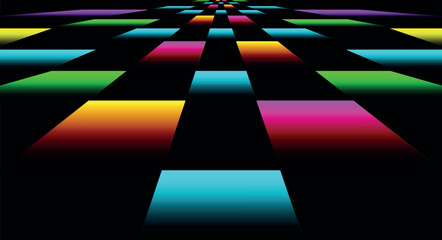 Dance floor. Night disco parties. Retro vintage neon grid dance floor horizon. Piano game. Vector stock illustration