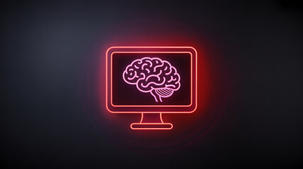 A glowing neon style illustration depicts a computer monitor displaying a detailed human brain emphasizing cognitive technology