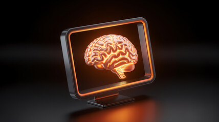A glowing digital display showcases a detailed human brain structure illuminated with a warm orange hue on a dark background
