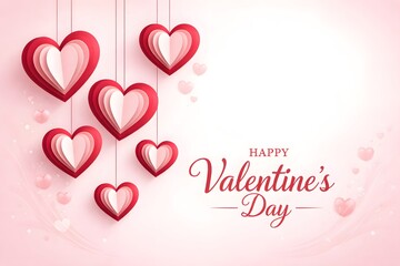 Soft pink valentines day background with layered hanging paper hearts