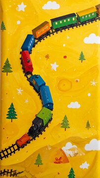 Whimsical painted scene of a colorful toy train chugging along tracks, passing through a painted landscape