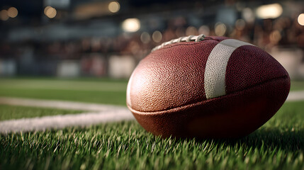 Football on field during a game with crowd cheering at night. Super Bowl