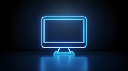 A glowing neon blue computer monitor stands prominently on a reflective surface in a darkened minimalist setting